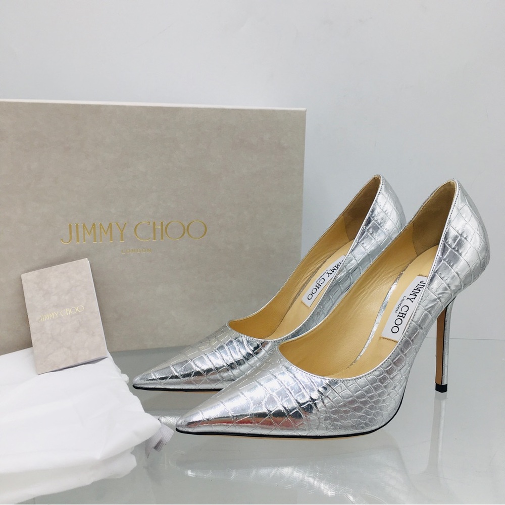 Jimmy Choo LOVE 100 Silver Metallic Croc Embossed Leather Pump Size US 8.5